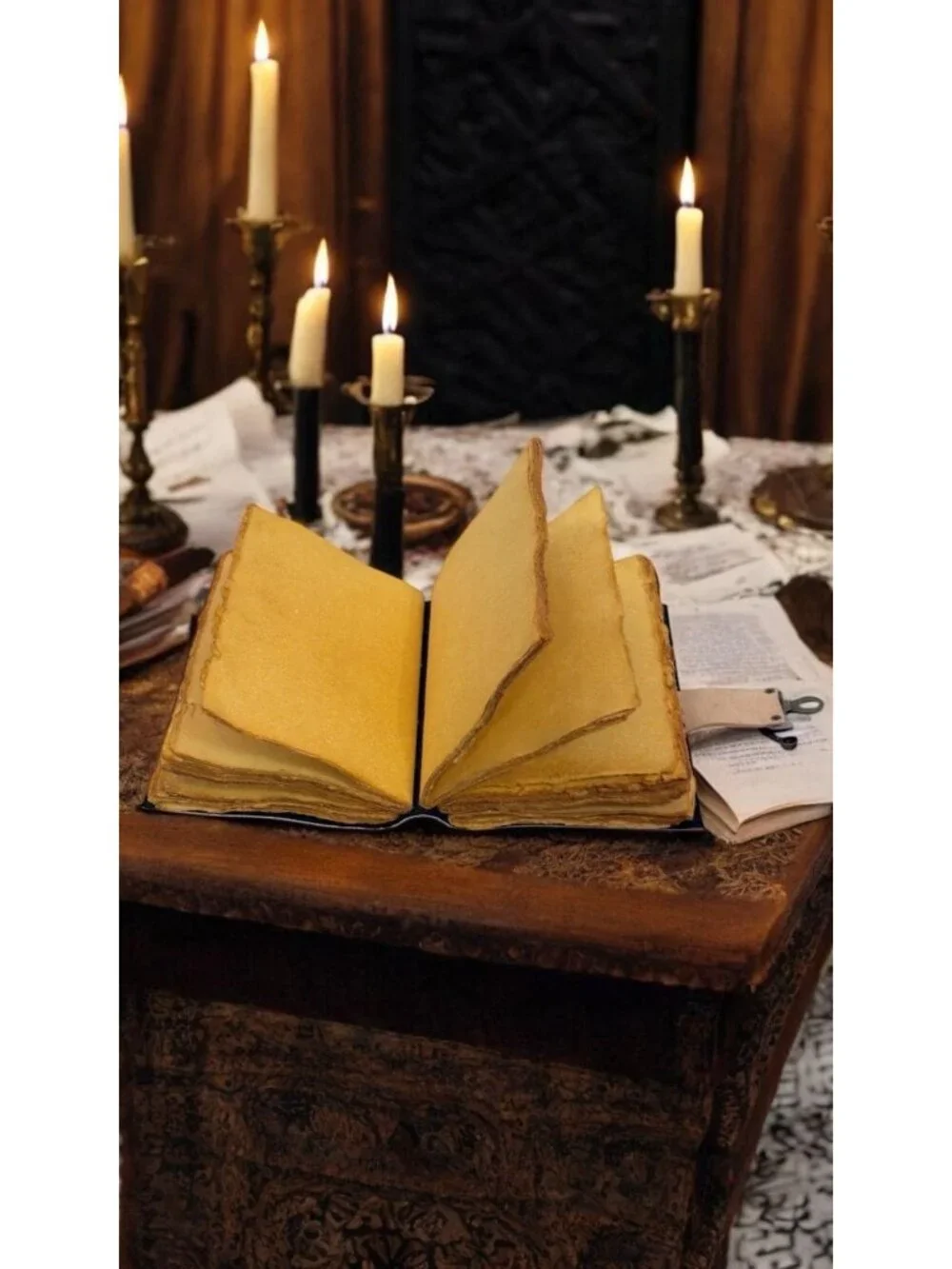 Leather Journal Cat Moon Grimoire Black White Handmade Antique Brass Lock